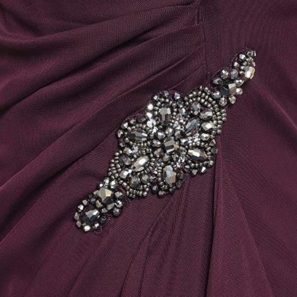 NEW Alex Evenings Long Floor Length Draped Cap Sleeve Wine Waterfall Dress Gown - Picture 3 of 4